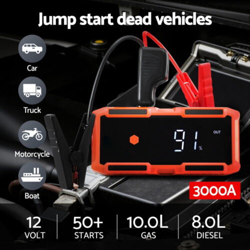Giantz 3000A Portable Car Jump Starter 12V Lithium Battery Booster Pack Power Bank & Jumper Cables - Image 4