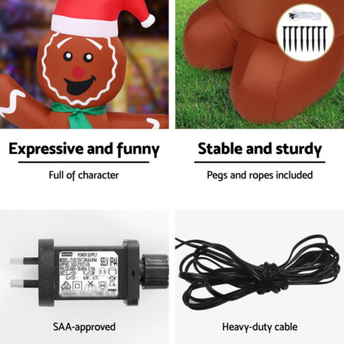 Jingle Jollys Christmas Inflatable Gingerbread Man Tree LED Illuminated Decorations - Image 6