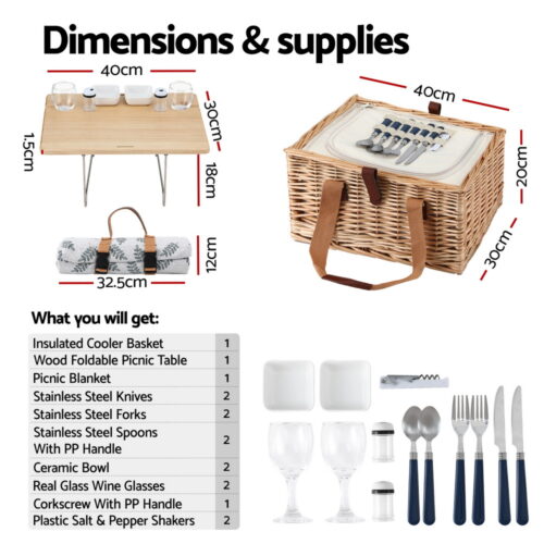 Alfresco 4 Person Picnic Basket Set with Table Blanket Cooler Wooden Insulated - Image 2