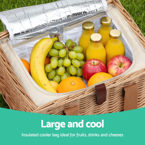 Alfresco 4 Person Picnic Basket Set with Table Blanket Cooler Wooden Insulated - Image 5