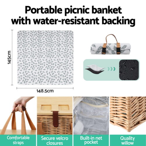 Alfresco 4 Person Picnic Basket Set with Table Blanket Cooler Wooden Insulated - Image 6