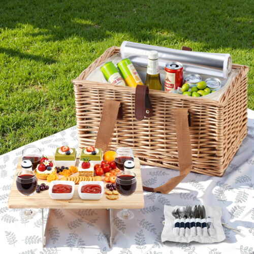 Alfresco 4 Person Picnic Basket Set with Table Blanket Cooler Wooden Insulated - Image 7