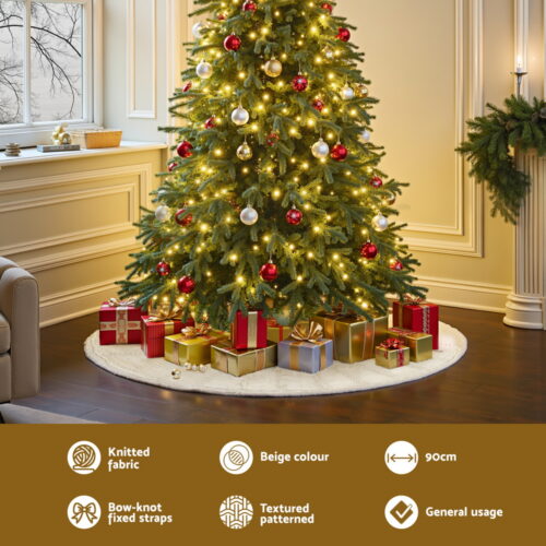 Jingle Jollys Christmas Tree Skirt 90cm Knitted Fabric Xmas Ornament Decor Beige - Image 4