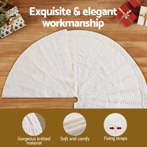 Jingle Jollys Christmas Tree Skirt 90cm Knitted Fabric Xmas Ornament Decor Beige - Image 5