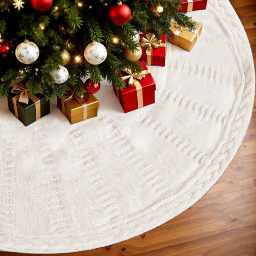 Jingle Jollys Christmas Tree Skirt 90cm Knitted Fabric Xmas Ornament Decor Beige - Image 7