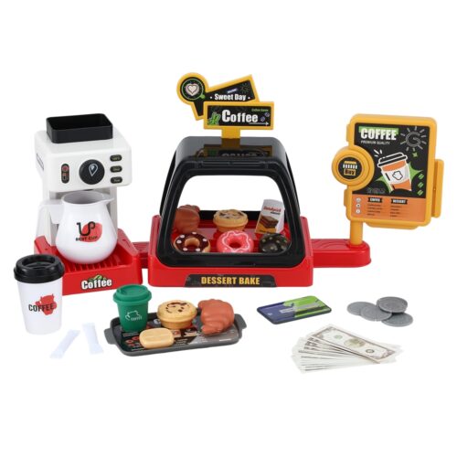 Keezi Kids Pretend Role Play Toy Coffee Shop with Coffee Maker Machine Play Money Food Tea Party Set - Image 2