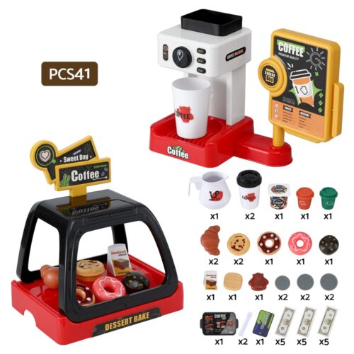 Keezi Kids Pretend Role Play Toy Coffee Shop with Coffee Maker Machine Play Money Food Tea Party Set - Image 4