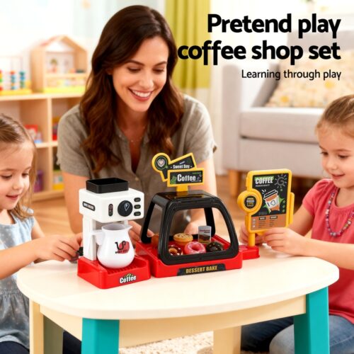 Keezi Kids Pretend Role Play Toy Coffee Shop with Coffee Maker Machine Play Money Food Tea Party Set - Image 5