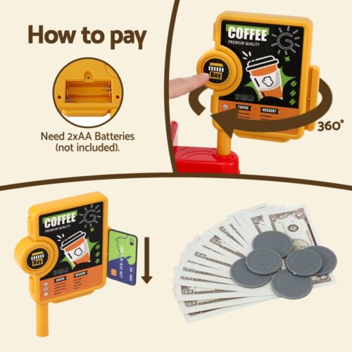 Keezi Kids Pretend Role Play Toy Coffee Shop with Coffee Maker Machine Play Money Food Tea Party Set - Image 7