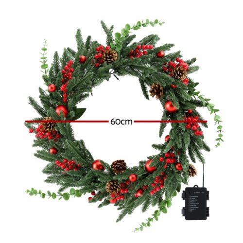 Jingle Jollys Christmas Wreath 60CM LED Garland Berries Pine Cones Party Decor - Image 2