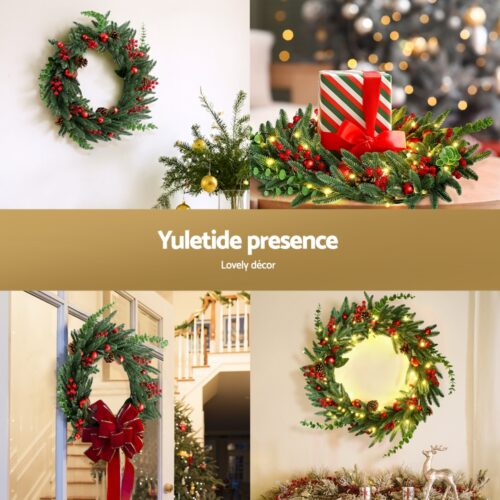 Jingle Jollys Christmas Wreath 60CM LED Garland Berries Pine Cones Party Decor - Image 5