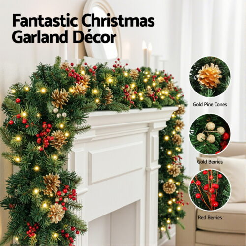 Jingle Jollys 1.8M Christmas Garland Pre-lit LED Pine Cones Berries Xmas Decor - Image 4