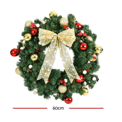 Jingle Jollys Christmas Wreath 60CM LED Garland Berries Bow Baubles Xmas Decor - Image 2