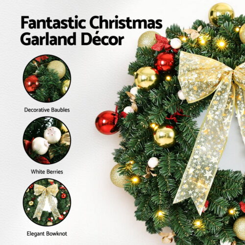 Jingle Jollys Christmas Wreath 60CM LED Garland Berries Bow Baubles Xmas Decor - Image 4