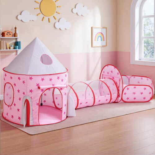 Keezi Kids Playhouse Play Tent Pop Up Castle Crawl Tunnel Basketball Hoop Pink - Image 7