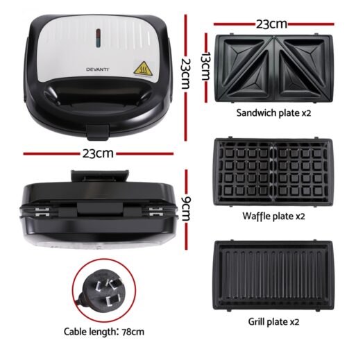 Devanti 3-in-1 Sandwich Press Waffle Maker Panini Press Grill 850W - Image 2