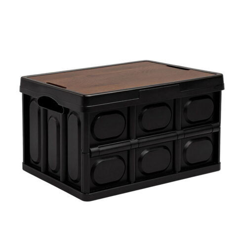 Gardeon Collapsible Outdoor Storage Box 50L Stackable Folding Camping Organizer Plywood Lid Black - Image 2