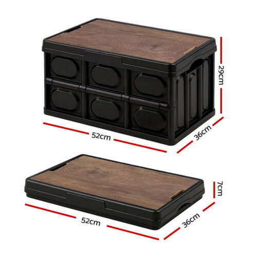 Gardeon Collapsible Outdoor Storage Box 50L Stackable Folding Camping Organizer Plywood Lid Black - Image 3