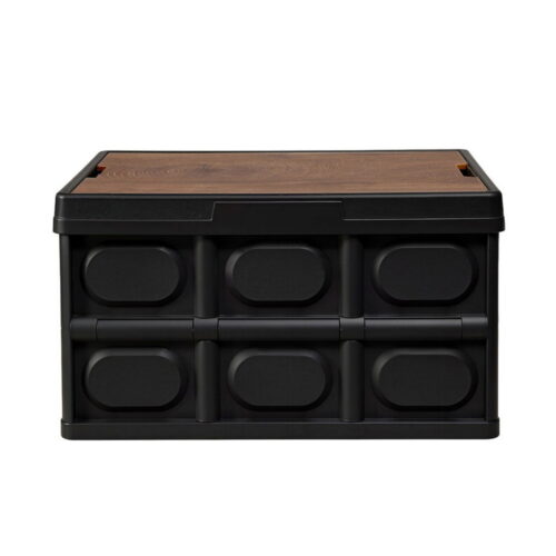 Gardeon Collapsible Outdoor Storage Box 50L Stackable Folding Camping Organizer Plywood Lid Black - Image 4