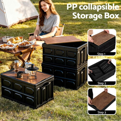 Gardeon Collapsible Outdoor Storage Box 50L Stackable Folding Camping Organizer Plywood Lid Black - Image 5