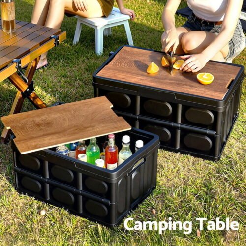 Gardeon Collapsible Outdoor Storage Box 50L Stackable Folding Camping Organizer Plywood Lid Black - Image 6