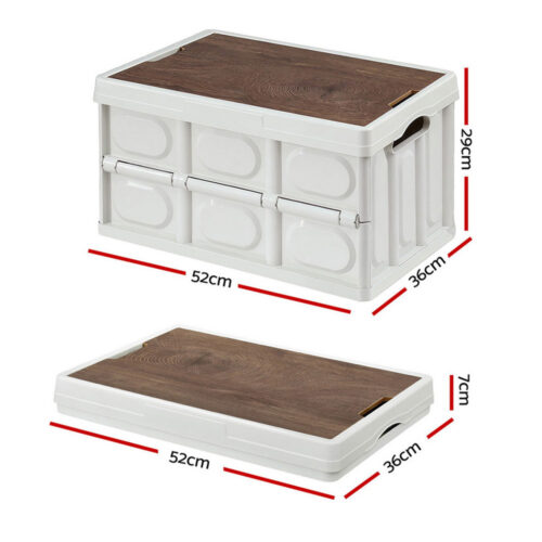 Gardeon Collapsible Outdoor Storage Box 50L Stackable Folding Camping Organizer Plywood Lid Beige - Image 3