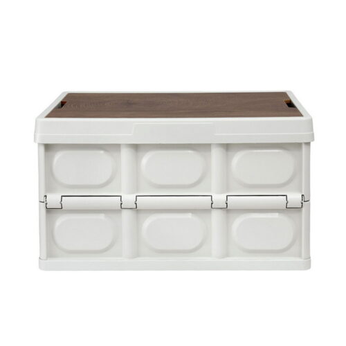 Gardeon Collapsible Outdoor Storage Box 50L Stackable Folding Camping Organizer Plywood Lid Beige - Image 4