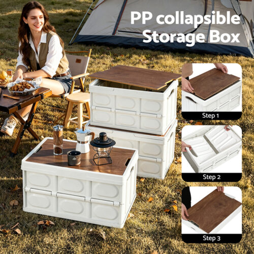 Gardeon Collapsible Outdoor Storage Box 50L Stackable Folding Camping Organizer Plywood Lid Beige - Image 5