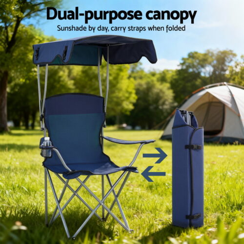 Weisshorn Camping Chair With Canopy Folding Outdoor Portable Seat Lightweight Beach Picnic Fishing Capacity 120KG Navy Blue - Image 5