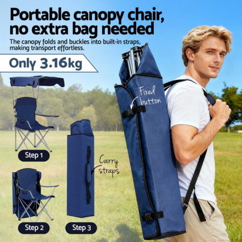 Weisshorn Camping Chair With Canopy Folding Outdoor Portable Seat Lightweight Beach Picnic Fishing Capacity 120KG Navy Blue - Image 6