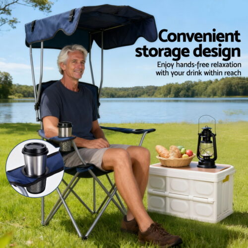 Weisshorn Camping Chair With Canopy Folding Outdoor Portable Seat Lightweight Beach Picnic Fishing Capacity 120KG Navy Blue - Image 7