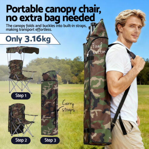 Weisshorn Camping Chair With Canopy Folding Outdoor Portable Seat Lightweight Beach Picnic Fishing Capacity 120KG Army Green - Image 6