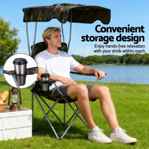 Weisshorn Camping Chair With Canopy Folding Outdoor Portable Seat Lightweight Beach Picnic Fishing Capacity 120KG Army Green - Image 7