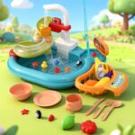 Keezi Kids Pretend Play Kitchen Sink with Faucet Floating Fishing Toys Play food