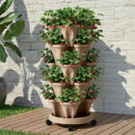 Green Fingers Garden Bed 5 Tier Vertical Garden Grey Strawberry Stackable Planters Herb Petunias Tan