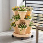 Green Fingers 3 Tier Stackable Vertical Planter Tower Strawberry Pot Wheels Beige
