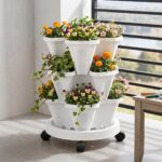 Green Fingers 3 Tier Stackable Vertical Planter Tower Strawberry Pot Wheels White