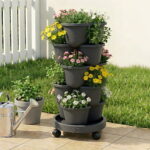 Green Fingers 5 Tier Vertical Garden Planter Stackable Planters with 4 Wheels Black Raised Garden Bed Garden Tower Indoor Outdoor Auto Drainage System for Strawberries Herbs Flower Vegetables