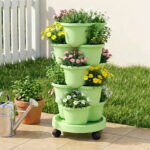 Green Fingers 5 Tier Vertical Garden Planter Stackable Planters with Wheels Light Green Garden Bed Garden Tower Indoor Outdoor Auto Drainage System for Strawberries Herbs Flowers Vegetables