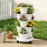 Green Fingers 5 Tier Vertical Garden Planter Stackable Planters with Wheels White Garden Bed Garden Tower Indoor Outdoor Auto Drainage System for Strawberries Herbs Flowers Vegetables