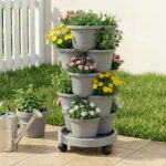 Green Fingers 5 Tier Vertical Garden Planter Stackable Planters with 4 Wheels Grey Raised Garden Bed Garden Tower Indoor Outdoor Auto Drainage System for Strawberries Herbs Flower Vegetables