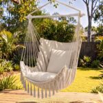 Gardeon Hammock Chair Camping Macrame Hanging Swing Cushions Metal Bar Cream